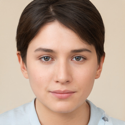 Neutral white young-adult female with short  brown hair and brown eyes