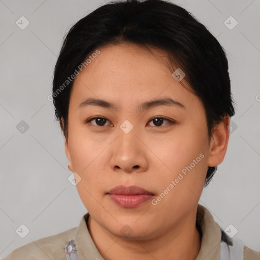 Neutral asian young-adult female with short  brown hair and brown eyes