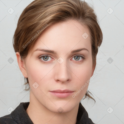 Neutral white young-adult female with medium  brown hair and grey eyes