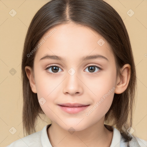 Joyful white child female with medium  brown hair and brown eyes