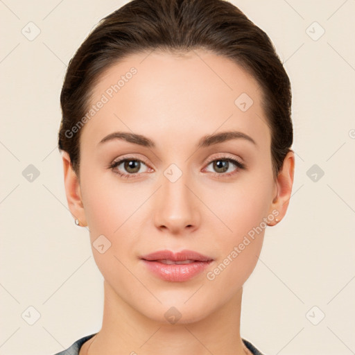 Neutral white young-adult female with short  brown hair and brown eyes