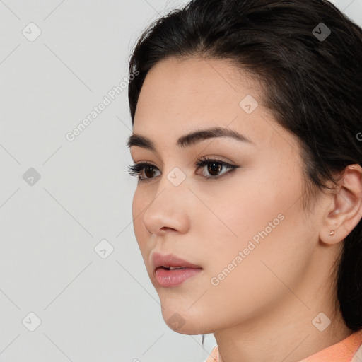 Neutral white young-adult female with medium  brown hair and brown eyes