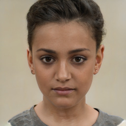 Neutral white young-adult female with short  brown hair and brown eyes