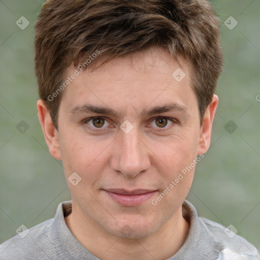 Joyful white adult male with short  brown hair and grey eyes