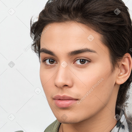 Neutral white young-adult female with medium  brown hair and brown eyes