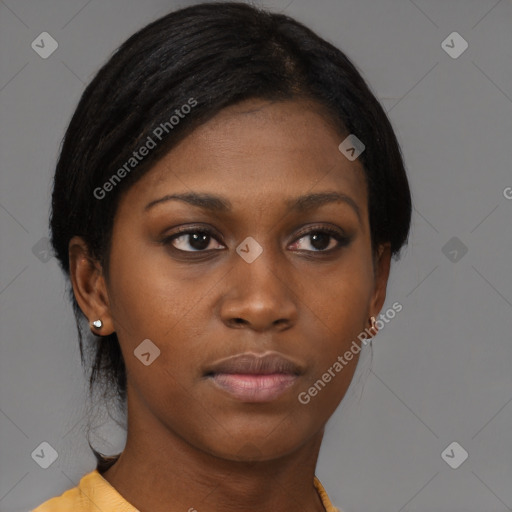 Neutral black young-adult female with medium  brown hair and brown eyes