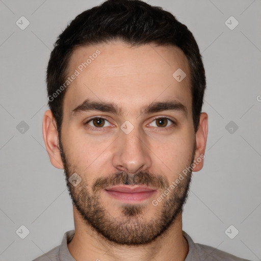 Neutral white young-adult male with short  brown hair and brown eyes