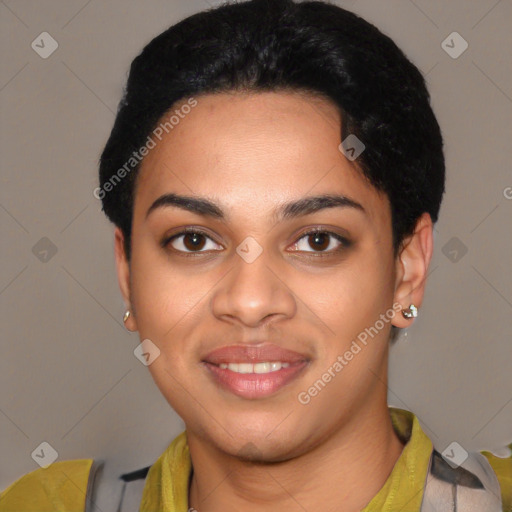 Joyful latino young-adult female with short  black hair and brown eyes
