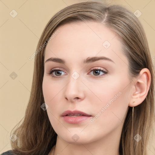 Neutral white young-adult female with long  brown hair and grey eyes