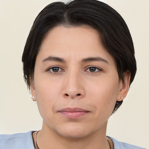 Neutral asian young-adult female with short  brown hair and brown eyes