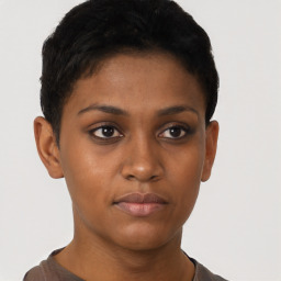 Neutral black young-adult female with short  brown hair and brown eyes