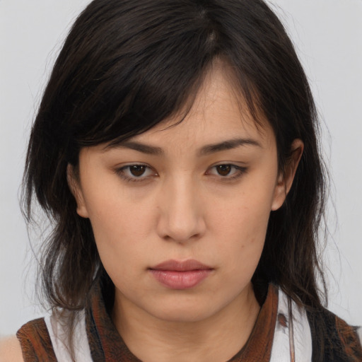 Neutral asian young-adult female with medium  brown hair and brown eyes