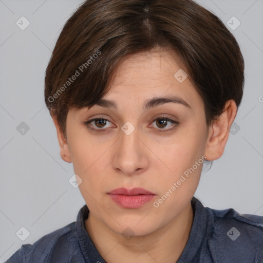 Neutral white young-adult female with medium  brown hair and brown eyes