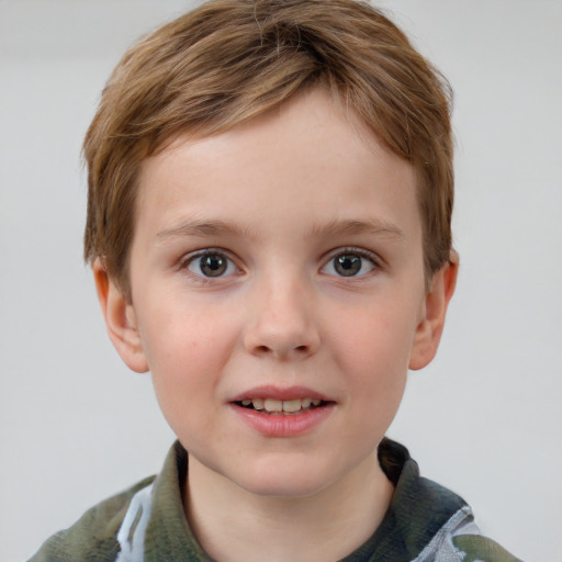 Joyful white child female with short  brown hair and grey eyes