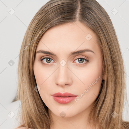 Neutral white young-adult female with long  brown hair and brown eyes