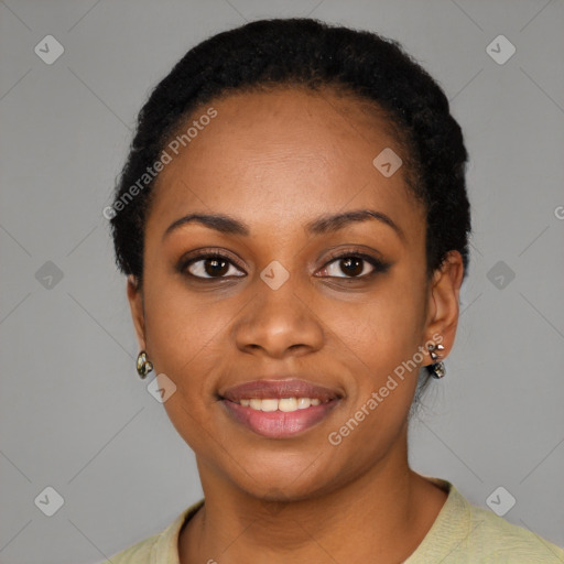 Joyful latino young-adult female with short  black hair and brown eyes