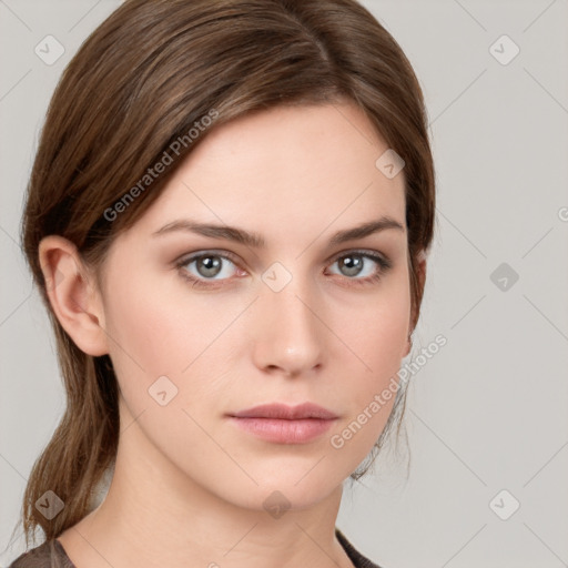 Neutral white young-adult female with medium  brown hair and grey eyes