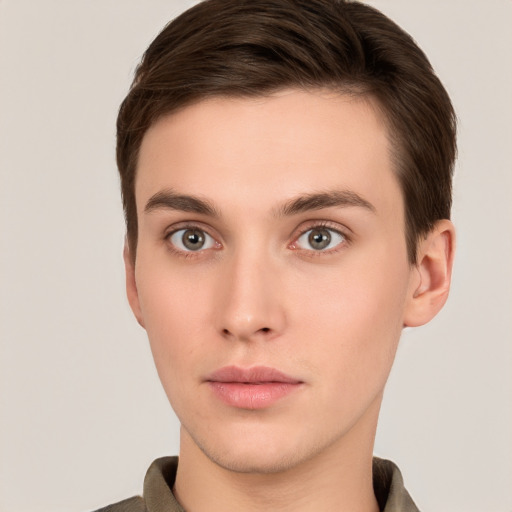 Neutral white young-adult male with short  brown hair and brown eyes