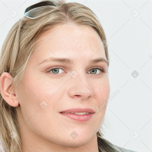 Joyful white young-adult female with long  brown hair and blue eyes