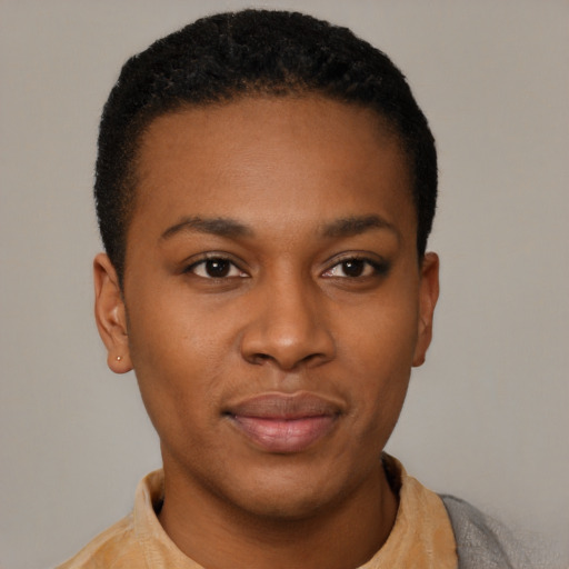 Neutral latino young-adult female with short  black hair and brown eyes