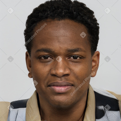 Joyful black young-adult male with short  black hair and brown eyes