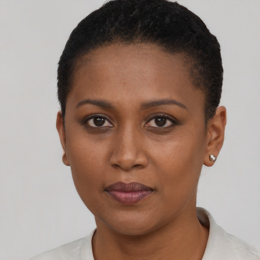 Neutral black young-adult female with short  brown hair and brown eyes