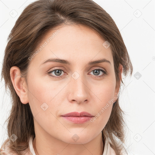 Neutral white young-adult female with medium  brown hair and grey eyes