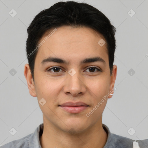 Joyful white young-adult male with short  black hair and brown eyes