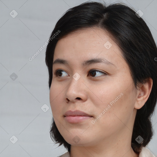 Neutral white young-adult female with medium  brown hair and brown eyes