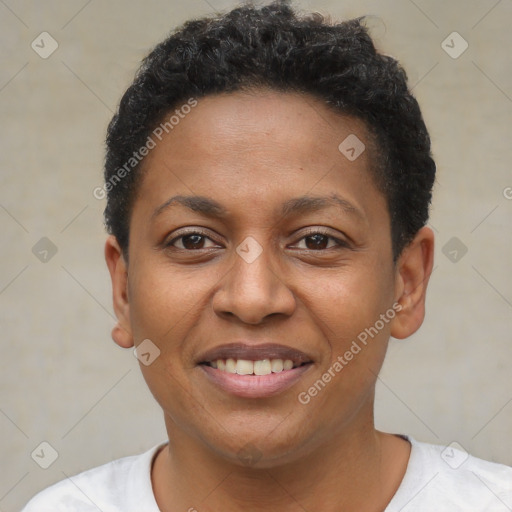 Joyful latino young-adult female with short  black hair and brown eyes