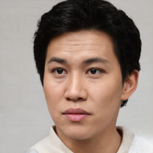 Neutral asian young-adult male with short  black hair and brown eyes