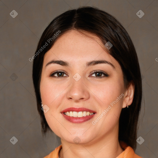 Joyful white young-adult female with medium  brown hair and brown eyes