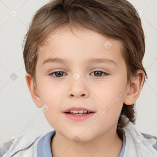 Joyful white child female with medium  brown hair and brown eyes