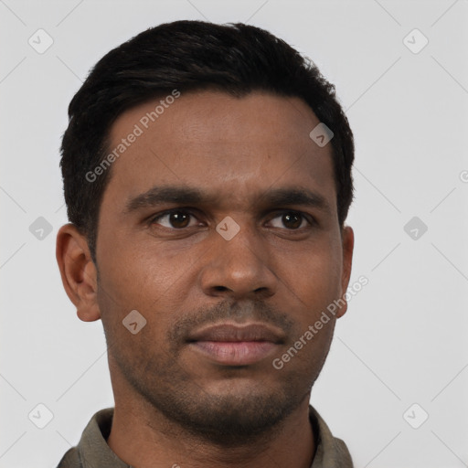 Neutral latino young-adult male with short  black hair and brown eyes
