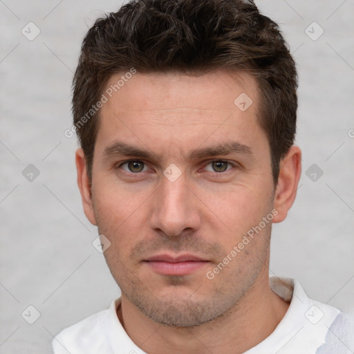 Neutral white young-adult male with short  brown hair and brown eyes