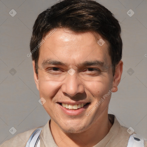 Joyful white adult male with short  brown hair and brown eyes