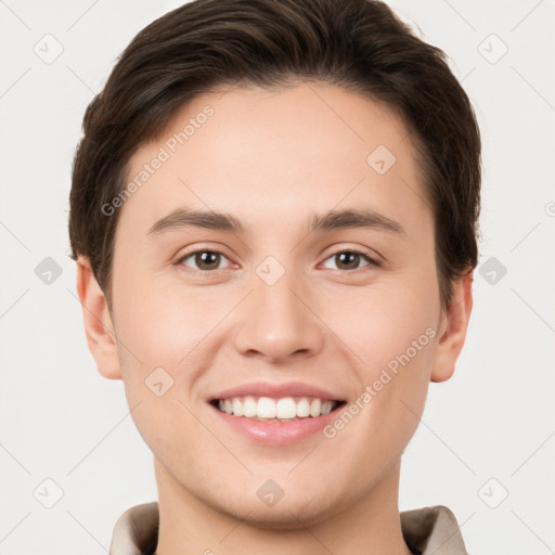 Joyful white young-adult male with short  brown hair and brown eyes