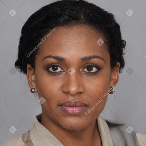 Neutral black young-adult female with short  black hair and brown eyes