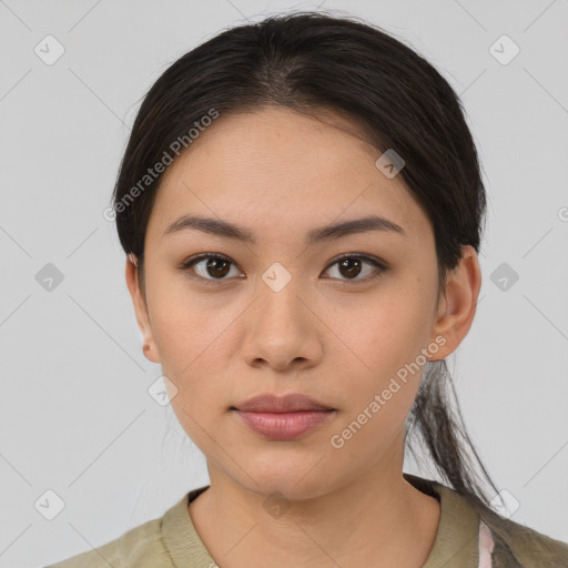 Neutral asian young-adult female with medium  brown hair and brown eyes