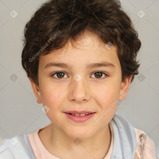 Joyful white child male with short  brown hair and brown eyes