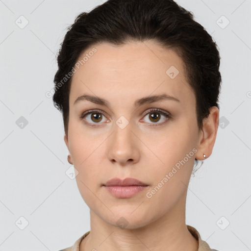 Neutral white young-adult female with short  brown hair and brown eyes