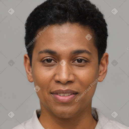 Joyful black young-adult male with short  black hair and brown eyes