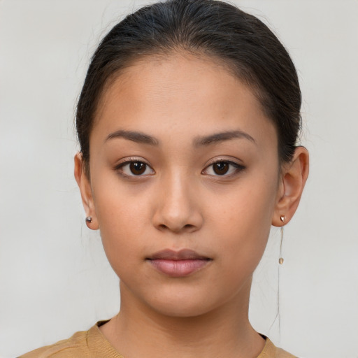 Neutral white young-adult female with short  brown hair and brown eyes