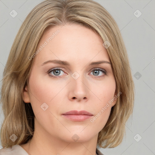 Neutral white young-adult female with medium  brown hair and grey eyes