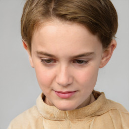 Joyful white child female with short  brown hair and brown eyes