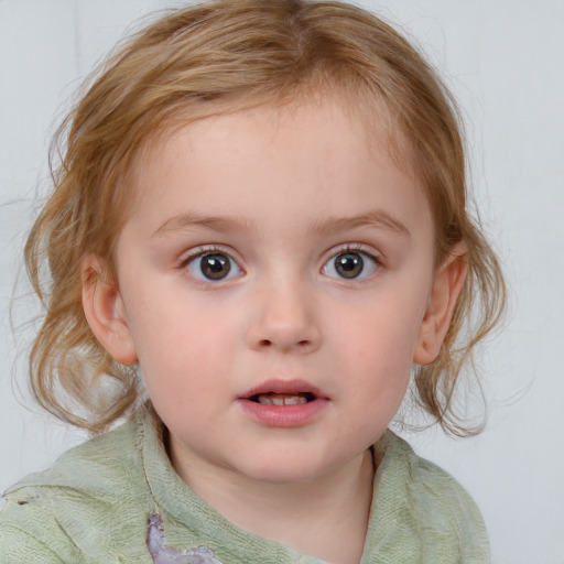 Neutral white child female with medium  brown hair and blue eyes