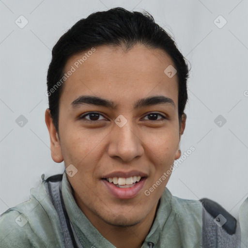 Joyful latino young-adult male with short  brown hair and brown eyes