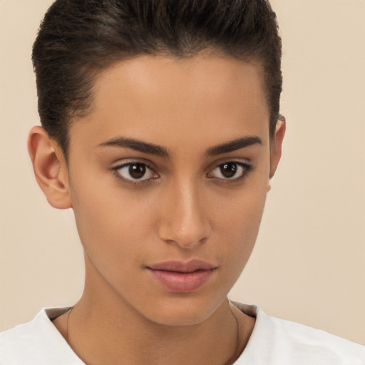 Neutral white young-adult female with short  brown hair and brown eyes