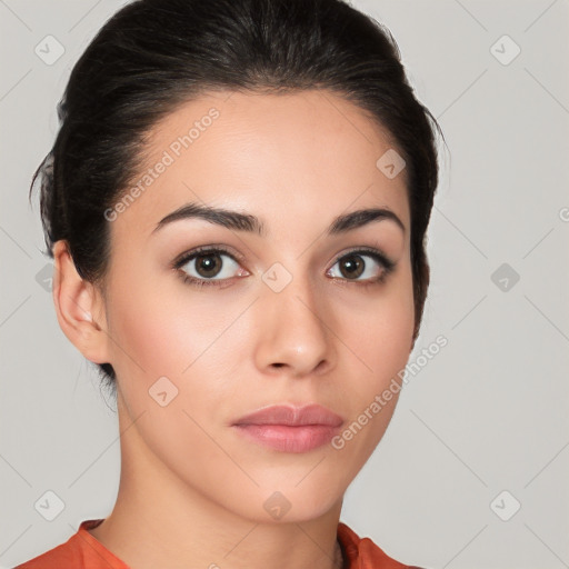 Neutral white young-adult female with medium  brown hair and brown eyes