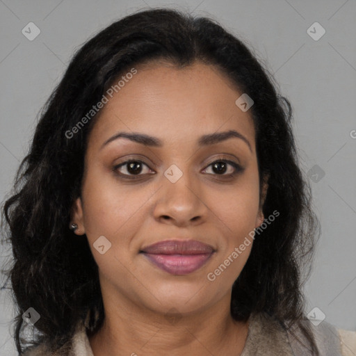 Joyful black young-adult female with medium  brown hair and brown eyes